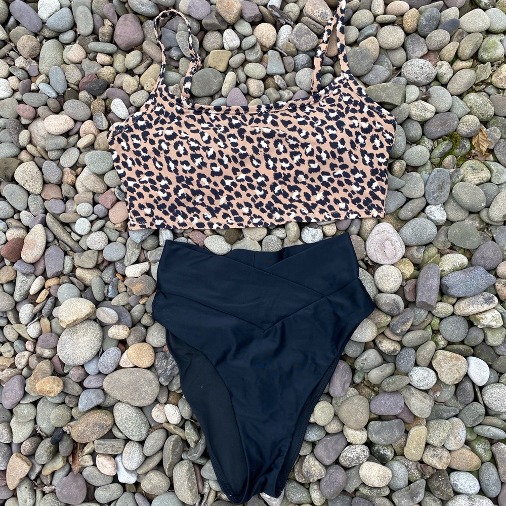 Black cheetah print high waisted swim suit
